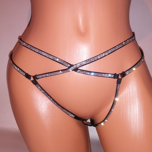 Victoria Secret Panty Thong Shine Strap Black Silver Bling Very Sexy Strappy New - Picture 7 of 10